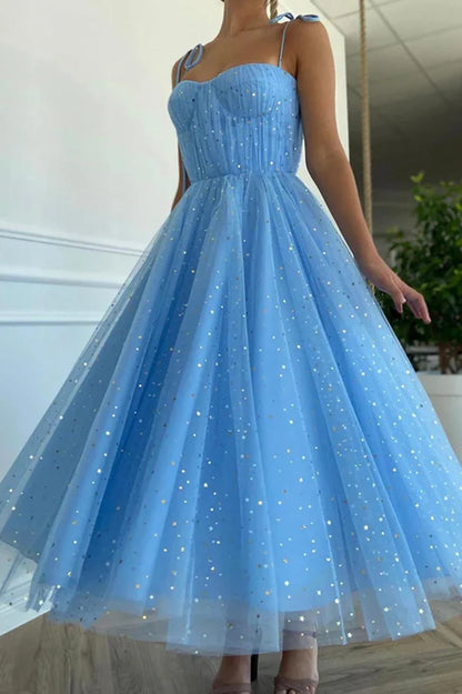 Blue Spaghetti Strap Tulle Knee Length Prom Dress Cute A-Line Homecoming Dress