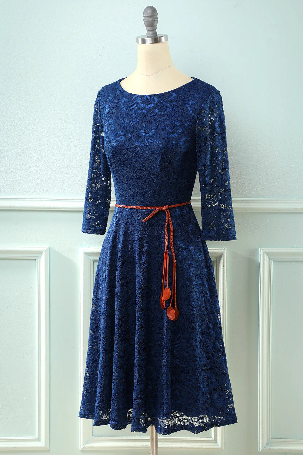 3/4 Sleeves Navy Lace Dress