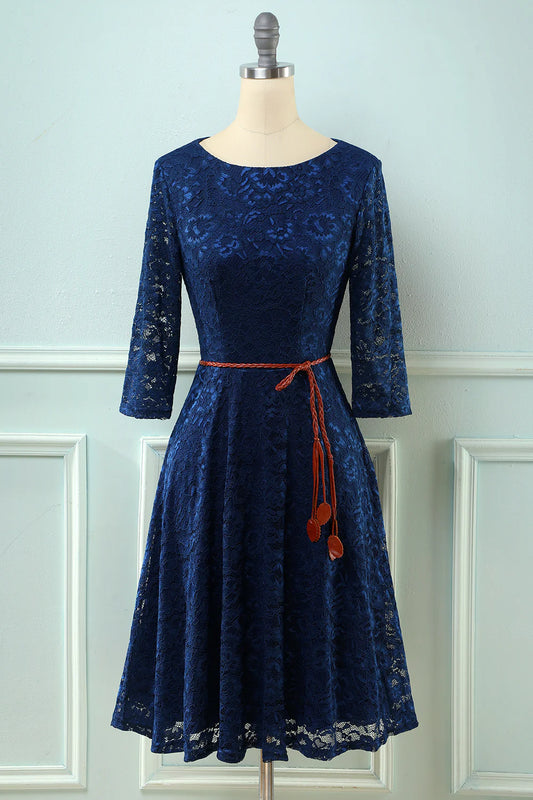 3/4 Sleeves Navy Lace Dress