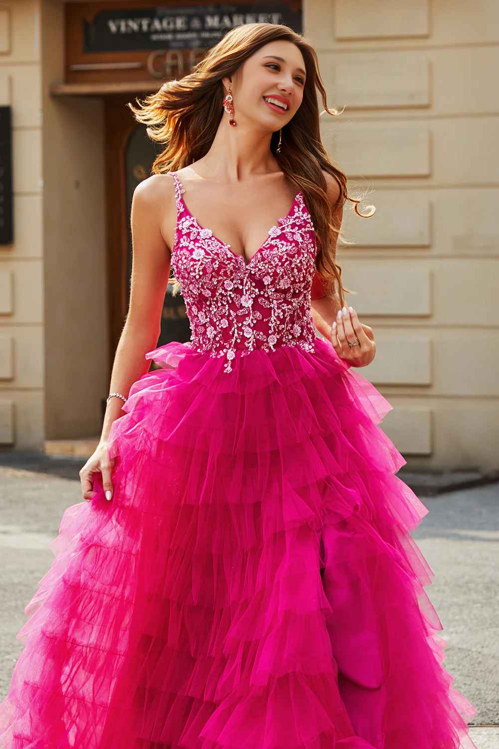 A Line Spaghetti Straps Fuchsia Long Prom Dress with Appliques Ruffles