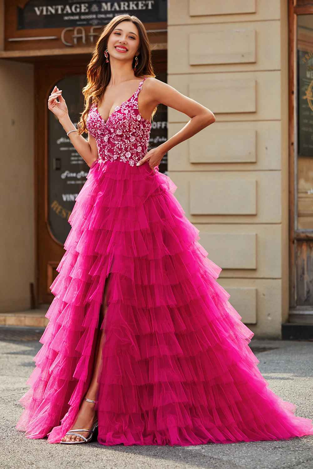 A Line Spaghetti Straps Fuchsia Long Prom Dress with Appliques Ruffles