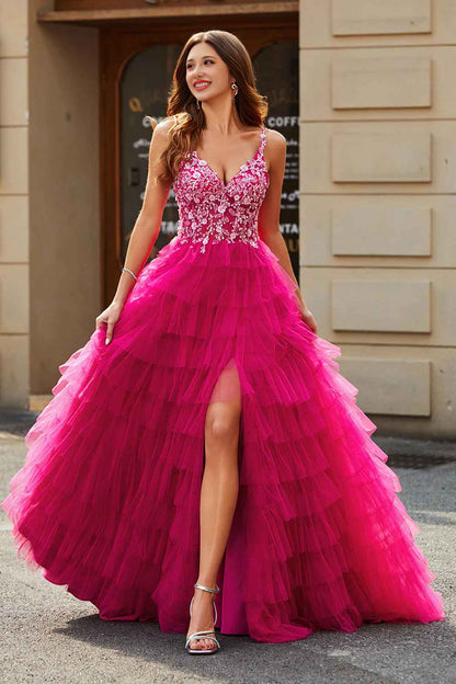 A Line Spaghetti Straps Fuchsia Long Prom Dress with Appliques Ruffles