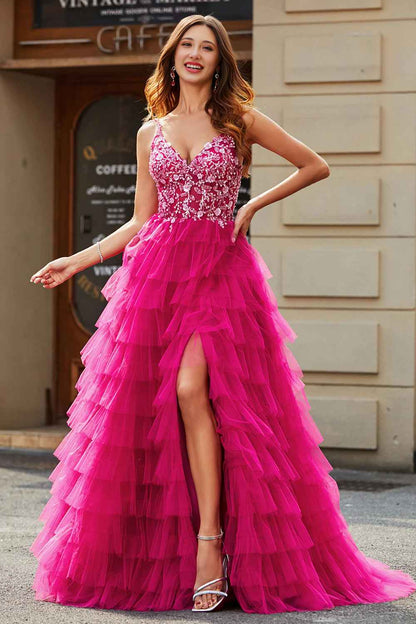 A Line Spaghetti Straps Fuchsia Long Prom Dress with Appliques Ruffles