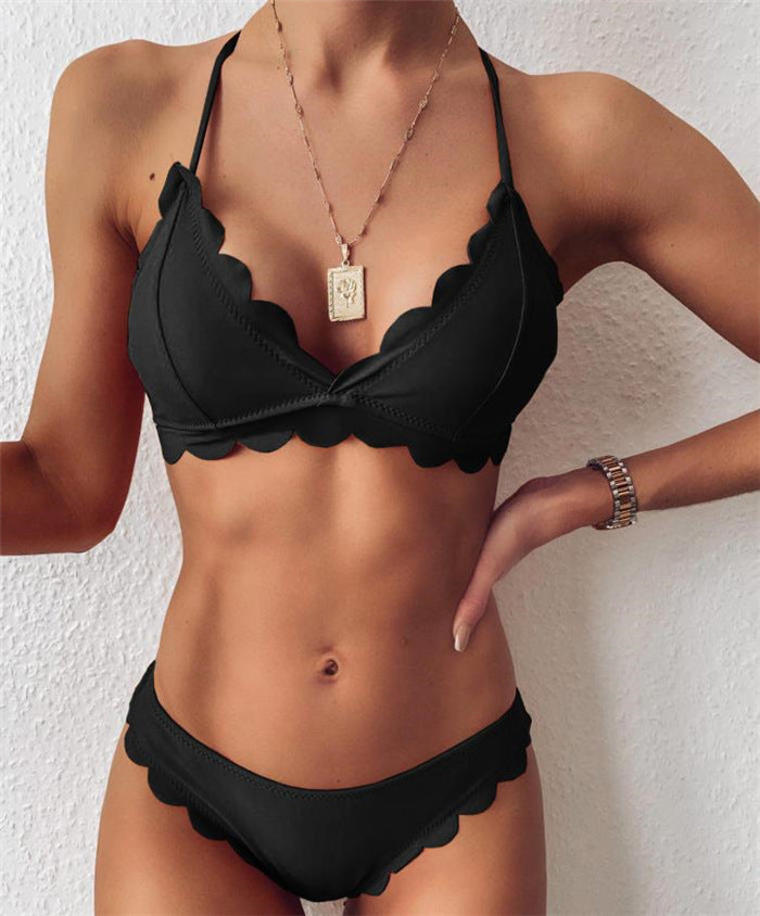 Petal Border Longline Triangle Bikini Set Black And White