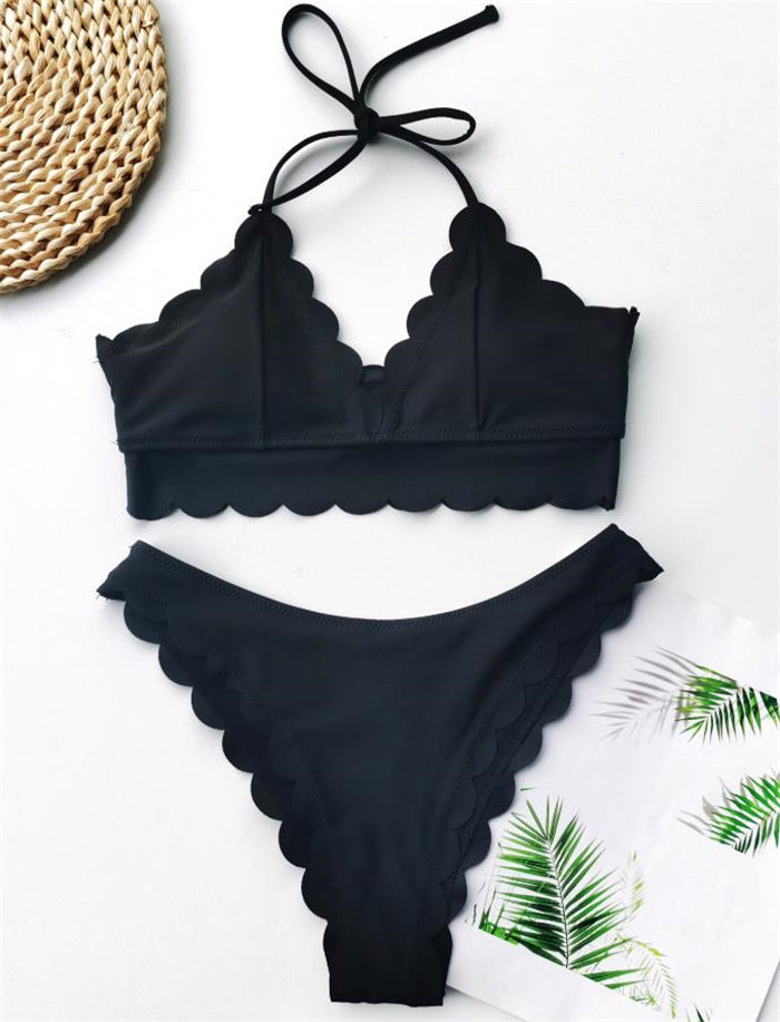 Petal Border Longline Triangle Bikini Set Black And White