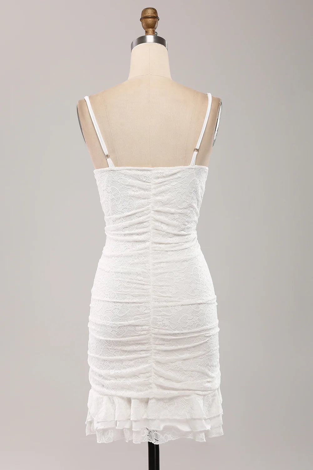 Cute Spaghetti Straps Bodycon Pleated Lace Short White Graduation Dress