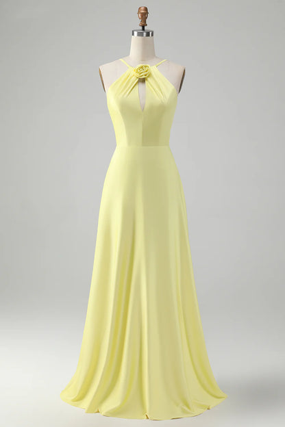 Beaira Stylish Yellow A Line Halter Pleated Long Bridesmaid Dress with Flower Bridesmaid dress shop