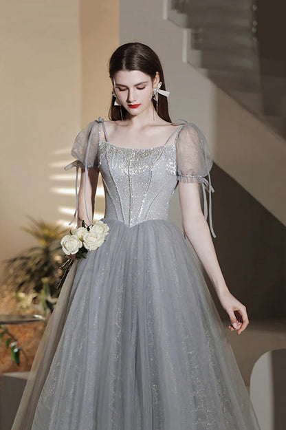 Gray Tulle Sequins Short Prom Dress A-Line Short Sleeve Homecoming Party Dress