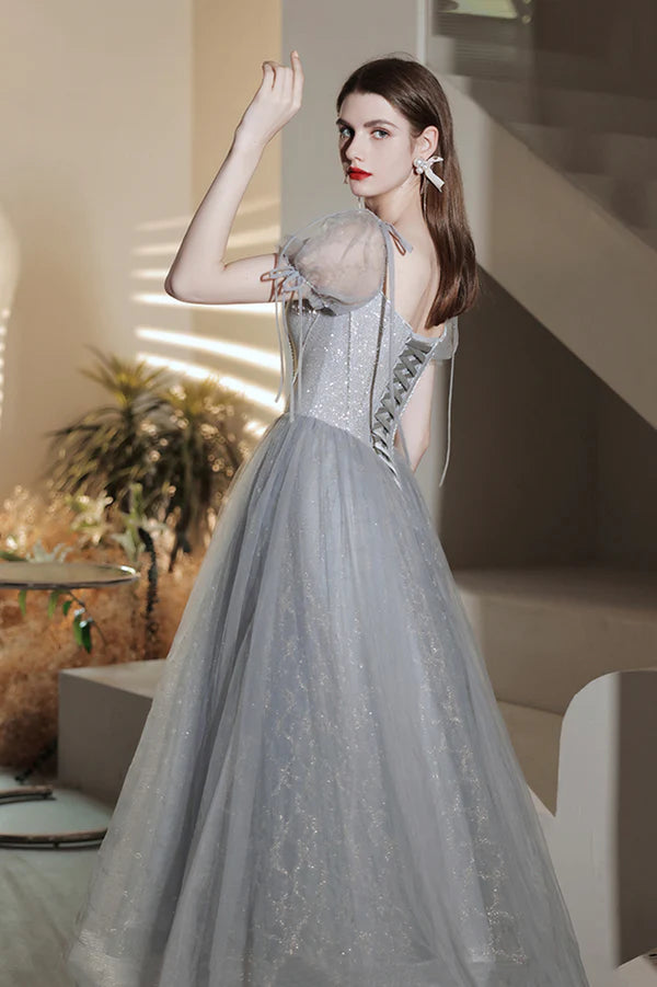 Gray Tulle Sequins Short Prom Dress A-Line Short Sleeve Homecoming Party Dress