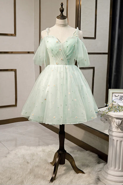 Mint Green Tulle Lace Short Homecoming Dress A-Line Mini Party Dress