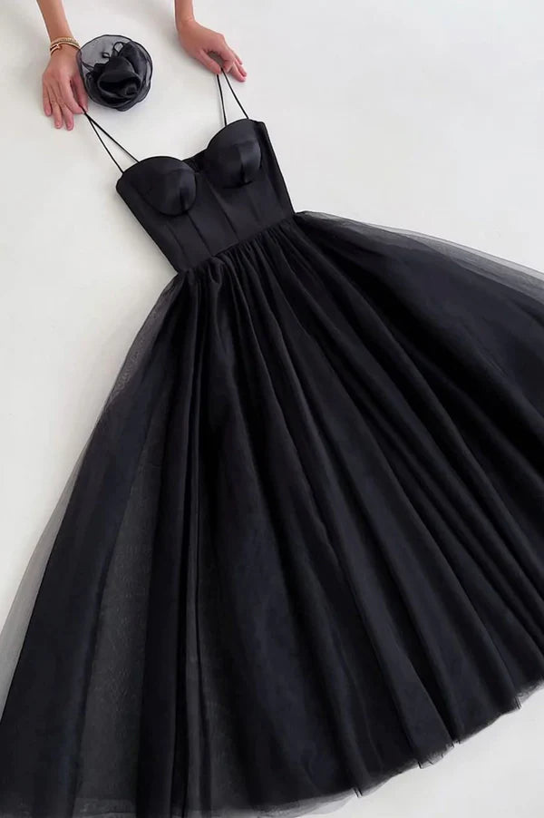 Black Spaghetti Tulle Short Prom Dress Black Homecoming Party Dress