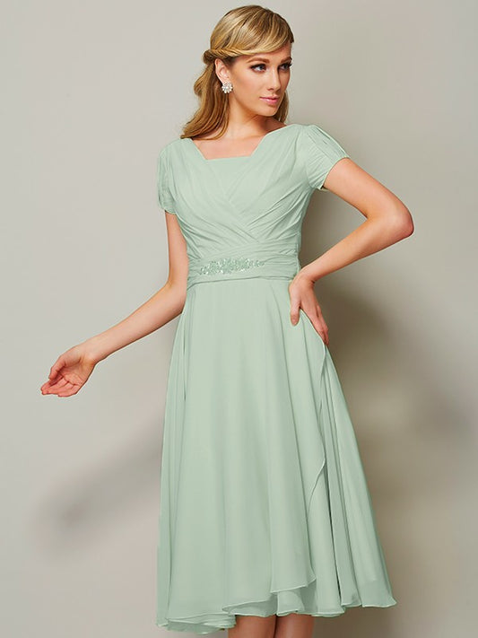 Sheath/Column Bateau Short Sleeves Ruffles Short Chiffon Tea-Length Bridesmaid Dresses