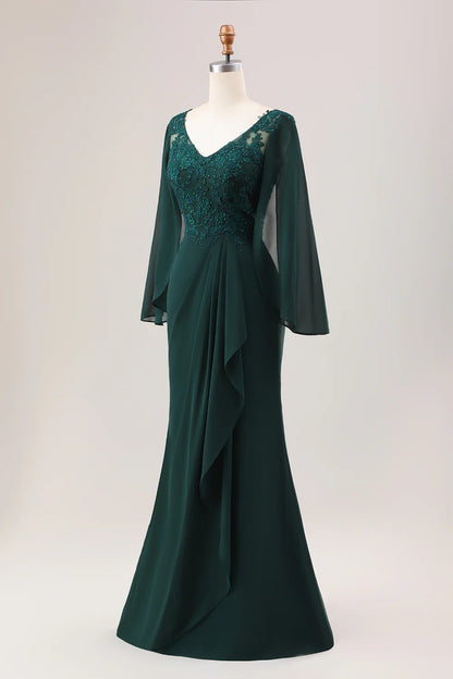 Glitter Dark Green Mermaid Chiffon Long Sleeves Mother of Bride Dress