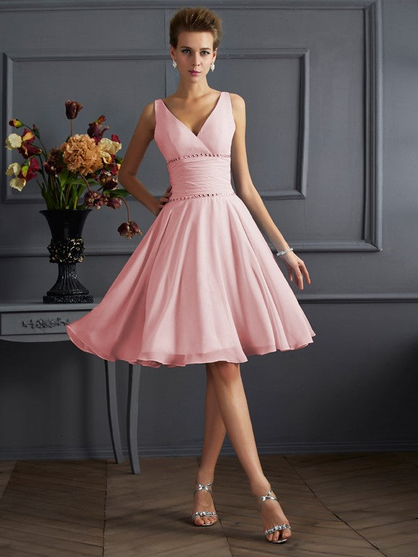 A-Line/Princess V-neck Sleeveless Pleats Short Chiffon Bridesmaid Dresses