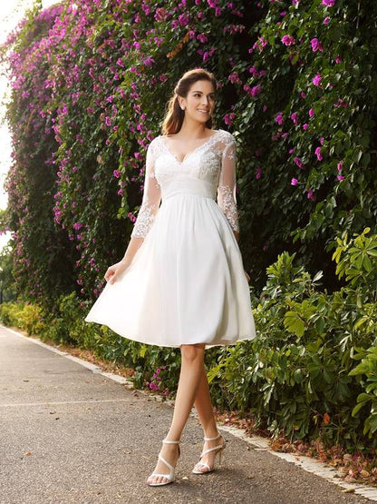 A-Line/Princess V-neck 3/4 Sleeves Short Chiffon Wedding Dresses