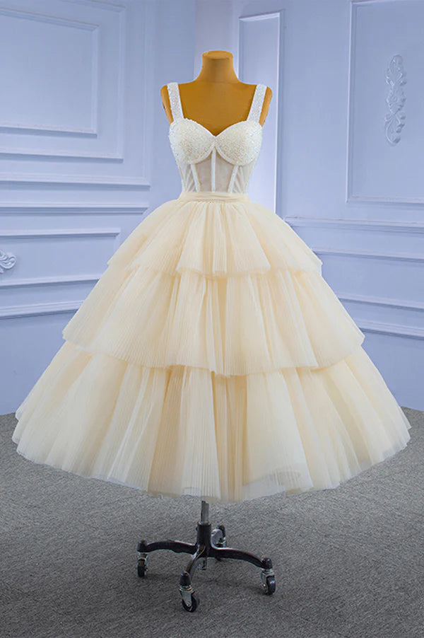 Champagne Tulle Short Prom Dress with Beaded A-Line Tea Length Party Dress