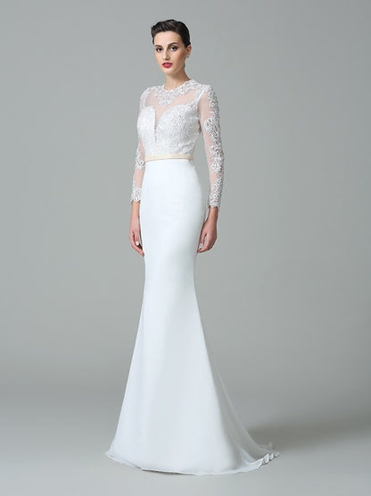 Trumpet/Mermaid Jewel Lace Long Sleeves Long Chiffon Wedding Dresses