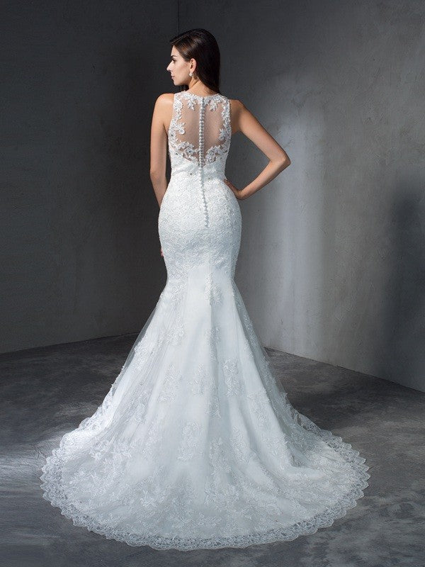 Trumpet/Mermaid Scoop Applique Sleeveless Long Lace Wedding Dresses