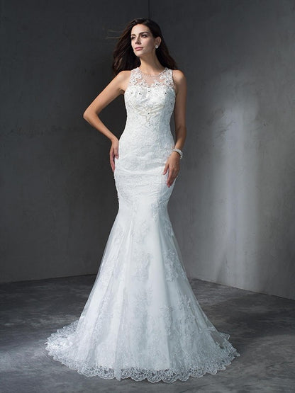 Trumpet/Mermaid Scoop Applique Sleeveless Long Lace Wedding Dresses