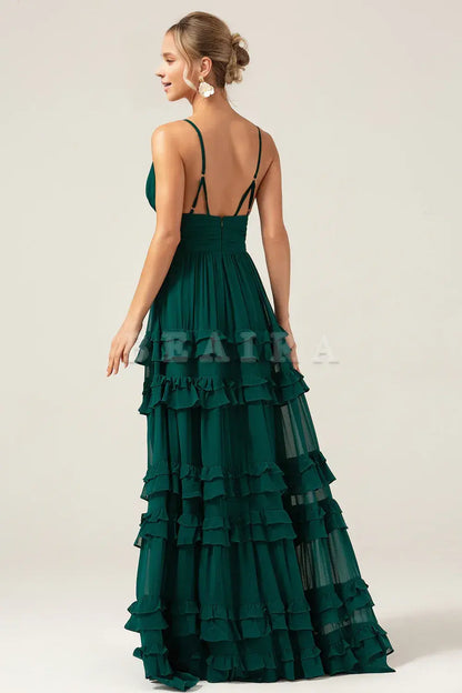 Beaira Dark Green A-Line Spaghetti Straps Tiered Pleated Long Bridesmaid Dress Bridesmaid dress shop