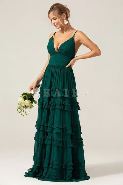 Beaira Dark Green A-Line Spaghetti Straps Tiered Pleated Long Bridesmaid Dress Bridesmaid dress shop