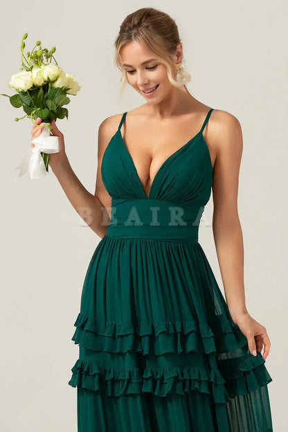 Beaira Dark Green A-Line Spaghetti Straps Tiered Pleated Long Bridesmaid Dress Bridesmaid dress shop