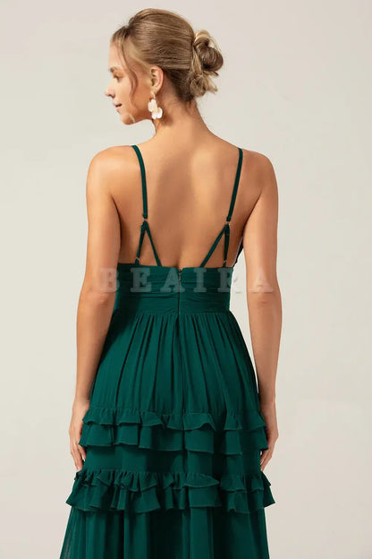 Beaira Dark Green A-Line Spaghetti Straps Tiered Pleated Long Bridesmaid Dress Bridesmaid dress shop