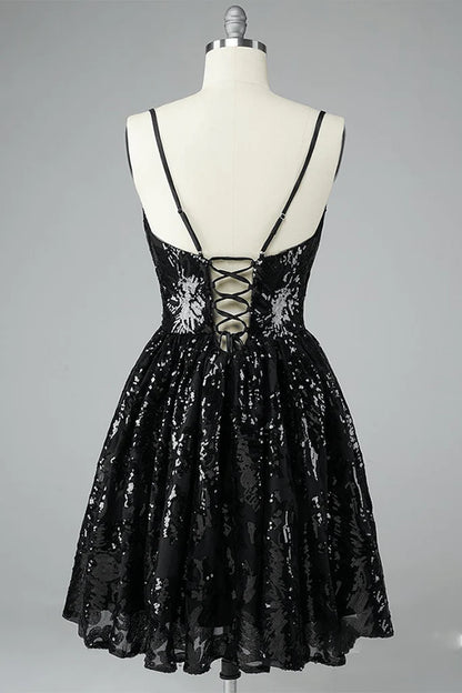 A-Line Black Lace Ruffles Spaghetti Straps V Neck Short/Mini Homecoming Dresses