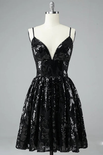 A-Line Black Lace Ruffles Spaghetti Straps V Neck Short/Mini Homecoming Dresses