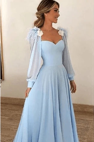 A Line Blue Long Sleeves Sweetheart Prom Dresses With Flower