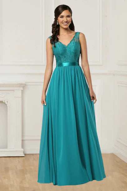 A Line Chiffon Straps V Neck Bridesmaid Dresses With Sash Floor Length