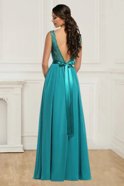 A Line Chiffon Straps V Neck Bridesmaid Dresses With Sash Floor Length