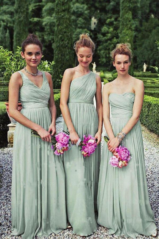 A-Line Dusty Green Long Mismatched Chiffon Bridesmaid Dresses