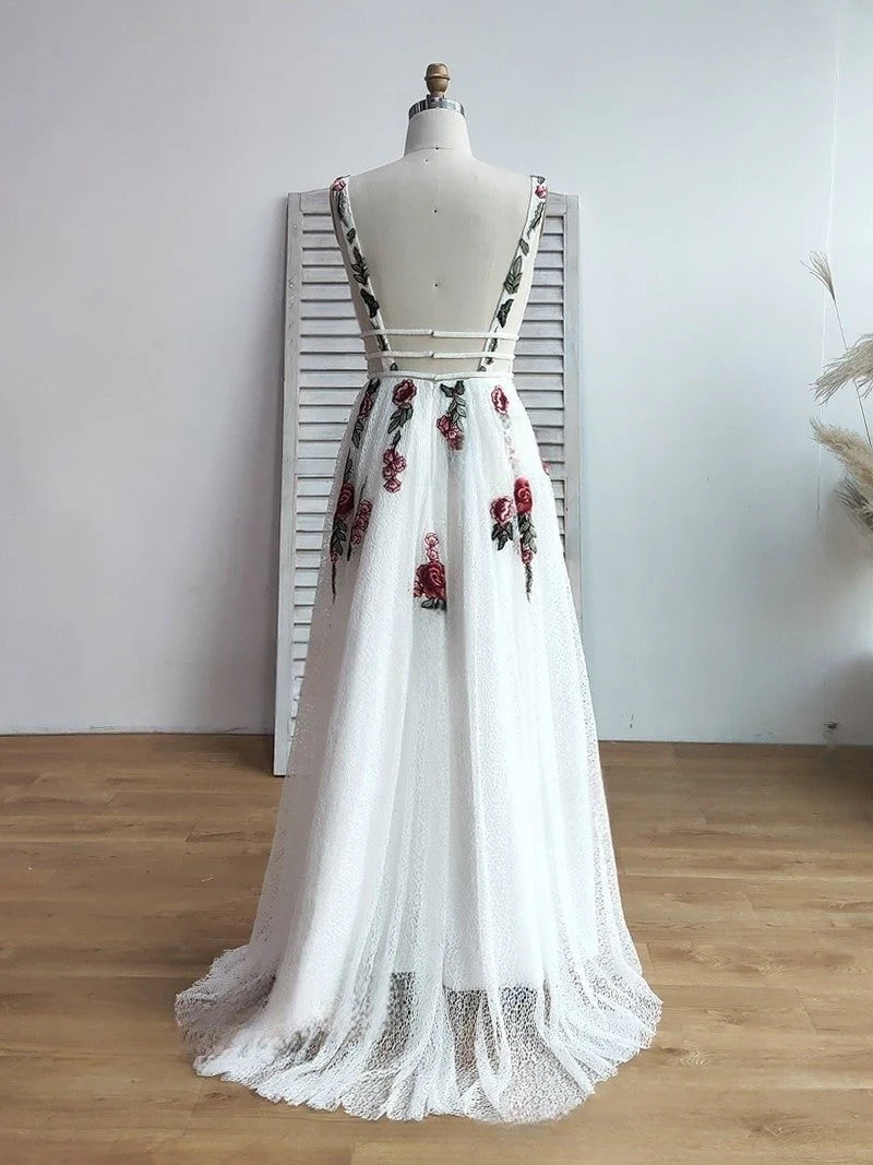 A Line Elegant V Neck Lace Prom Dresses Backless With Floral