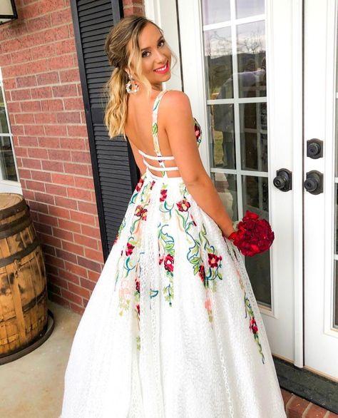 A Line Elegant V Neck Lace Prom Dresses Backless With Floral