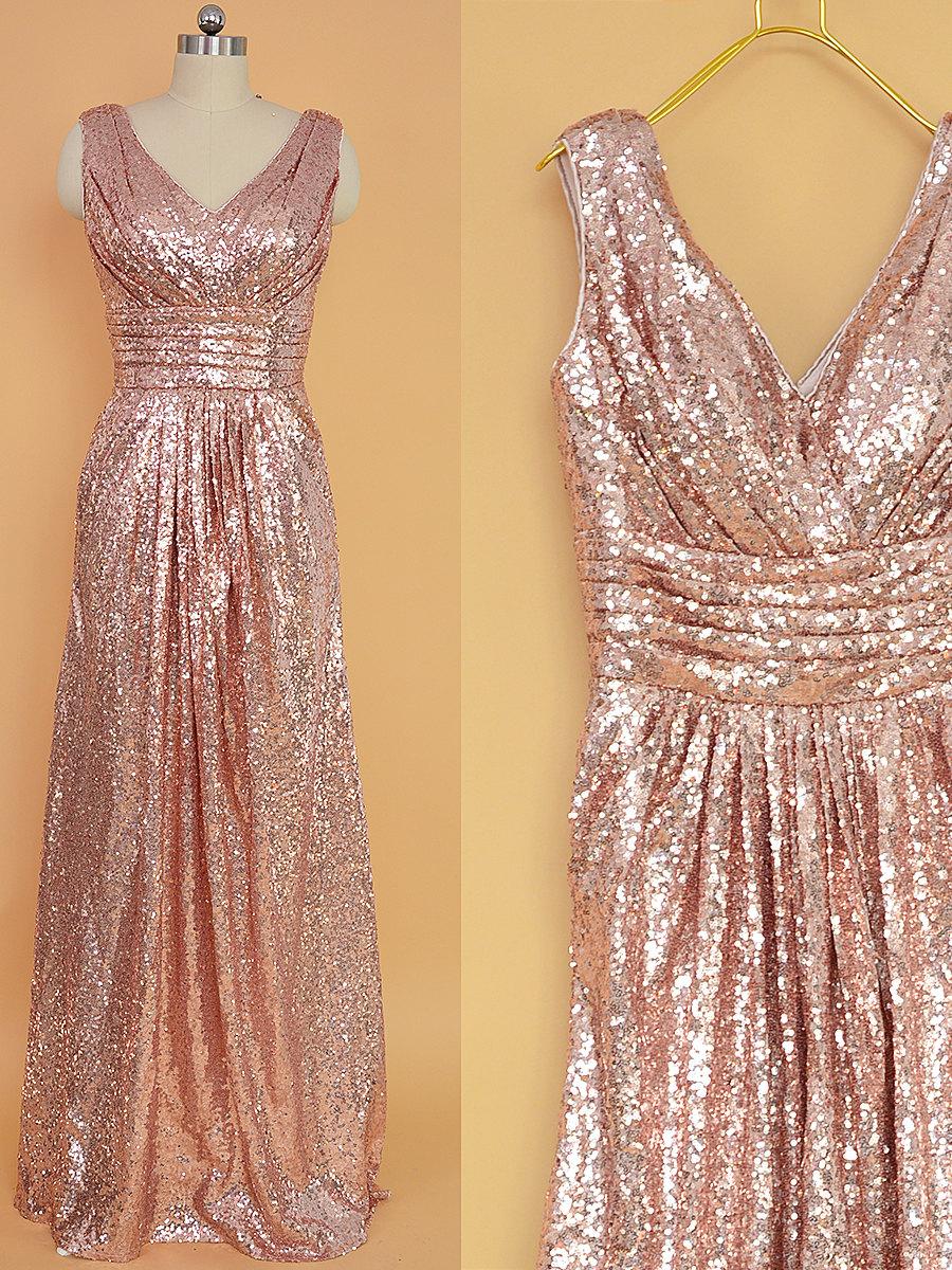 A Line Gliiter Rose Gold Sequins White Chiffon Long Bridesmaid Dresses