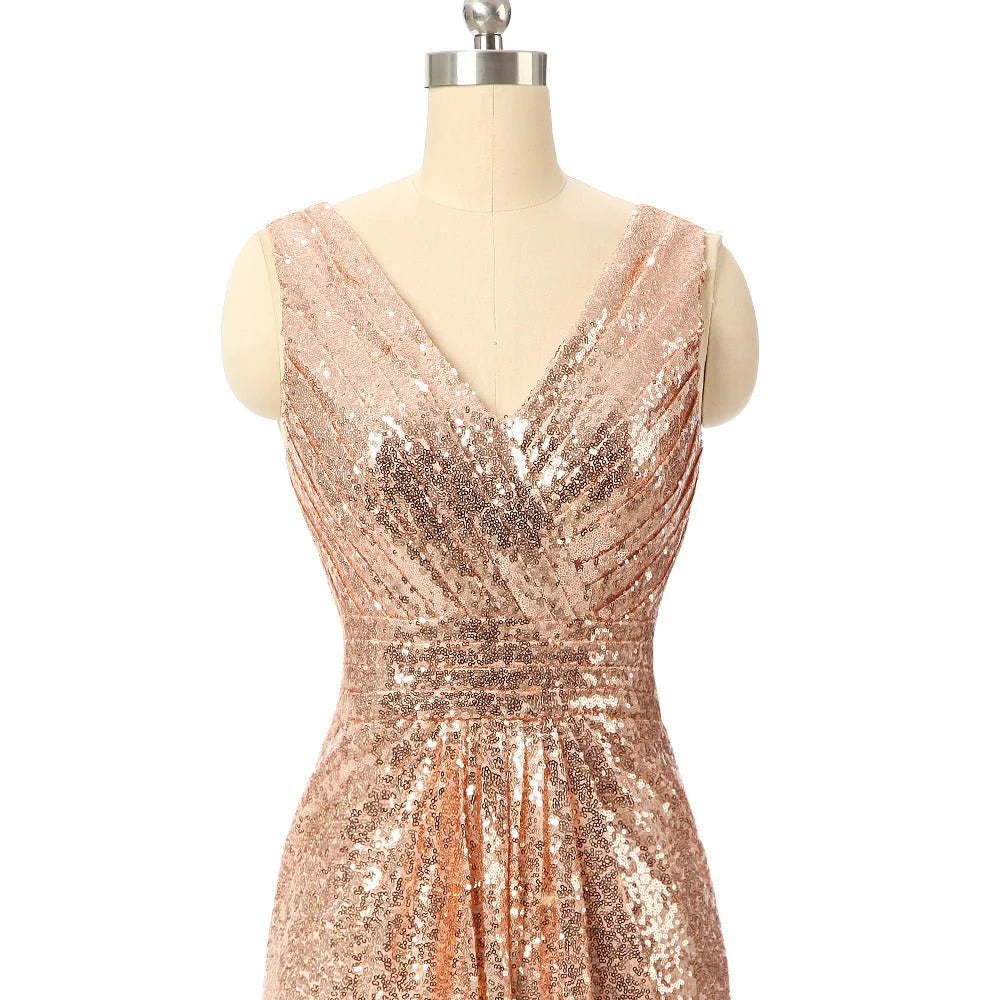 A Line Gliiter Rose Gold Sequins White Chiffon Long Bridesmaid Dresses