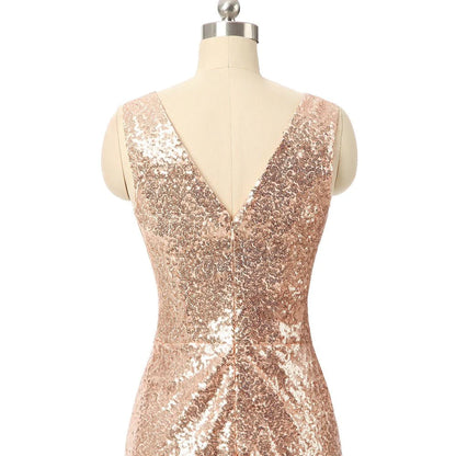 A Line Gliiter Rose Gold Sequins White Chiffon Long Bridesmaid Dresses