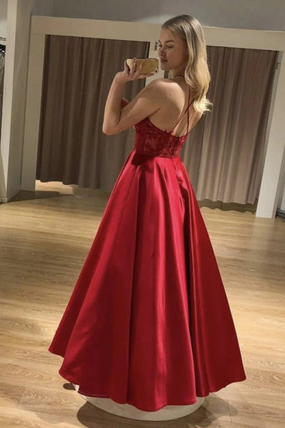 A Line Halter Backless Long Red Satin Lace Sleeveless Prom Dress