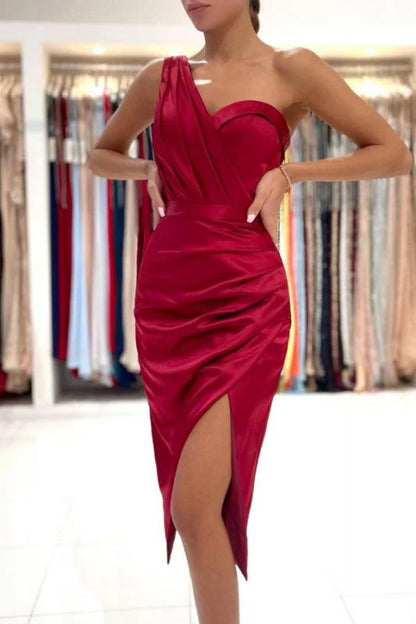 A Line Homecoming Dresses One Shoulder With Slit Satin