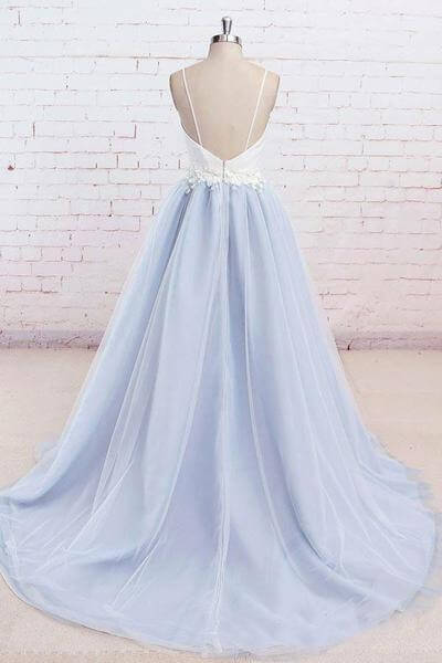 A Line Light Blue Spaghetti Straps Prom Dresses Sweetheart Long Evening Dresses