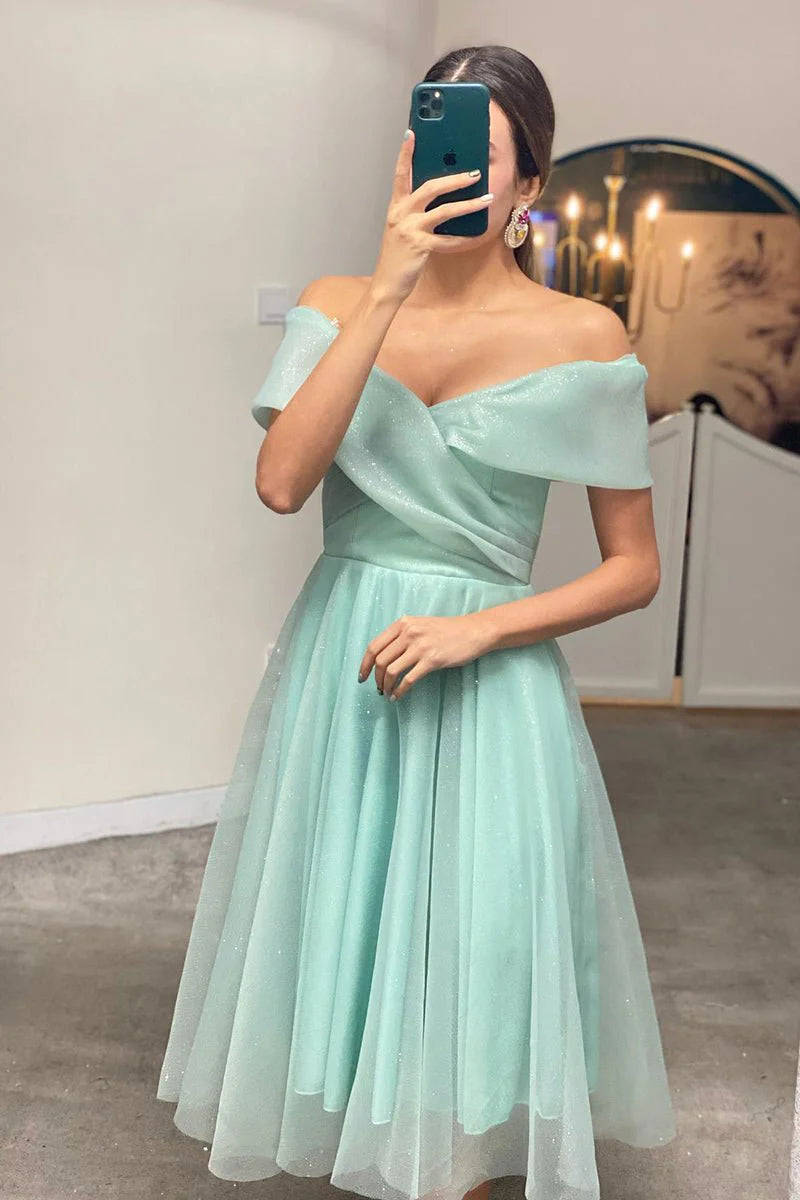 A-Line Off Shoulder Tea Length Tulle Homecoming Dress With Pleats