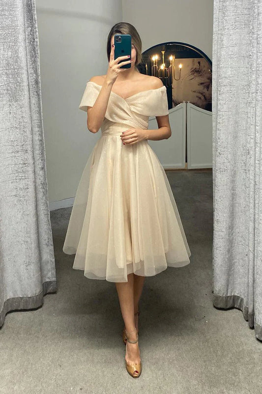 A-Line Off Shoulder Tea Length Tulle Homecoming Dress With Pleats