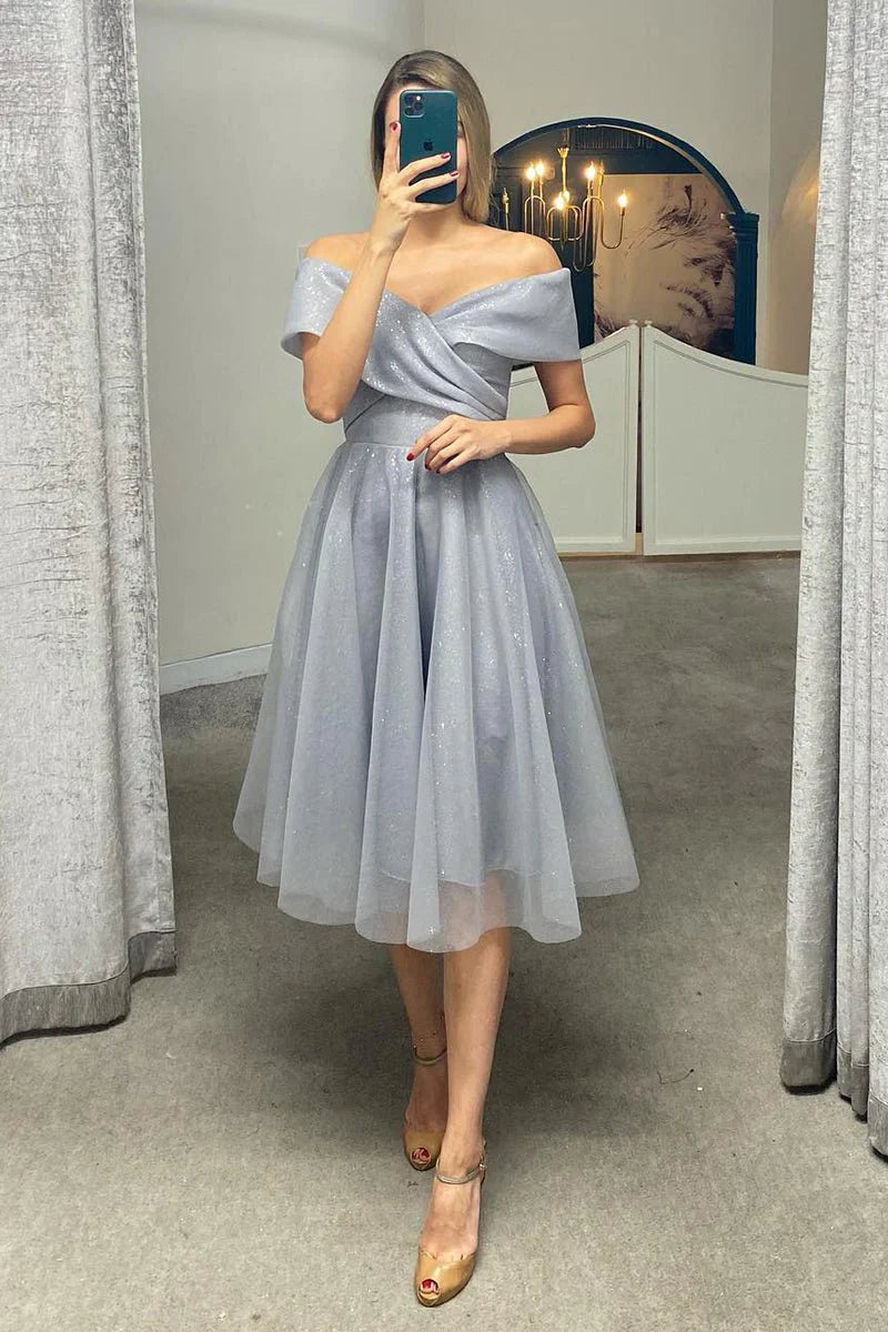 A-Line Off Shoulder Tea Length Tulle Homecoming Dress With Pleats