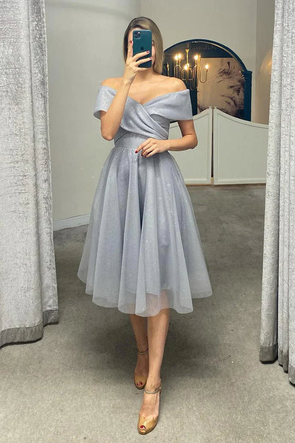 A-Line Off Shoulder Tea Length Tulle Homecoming Dress With Pleats