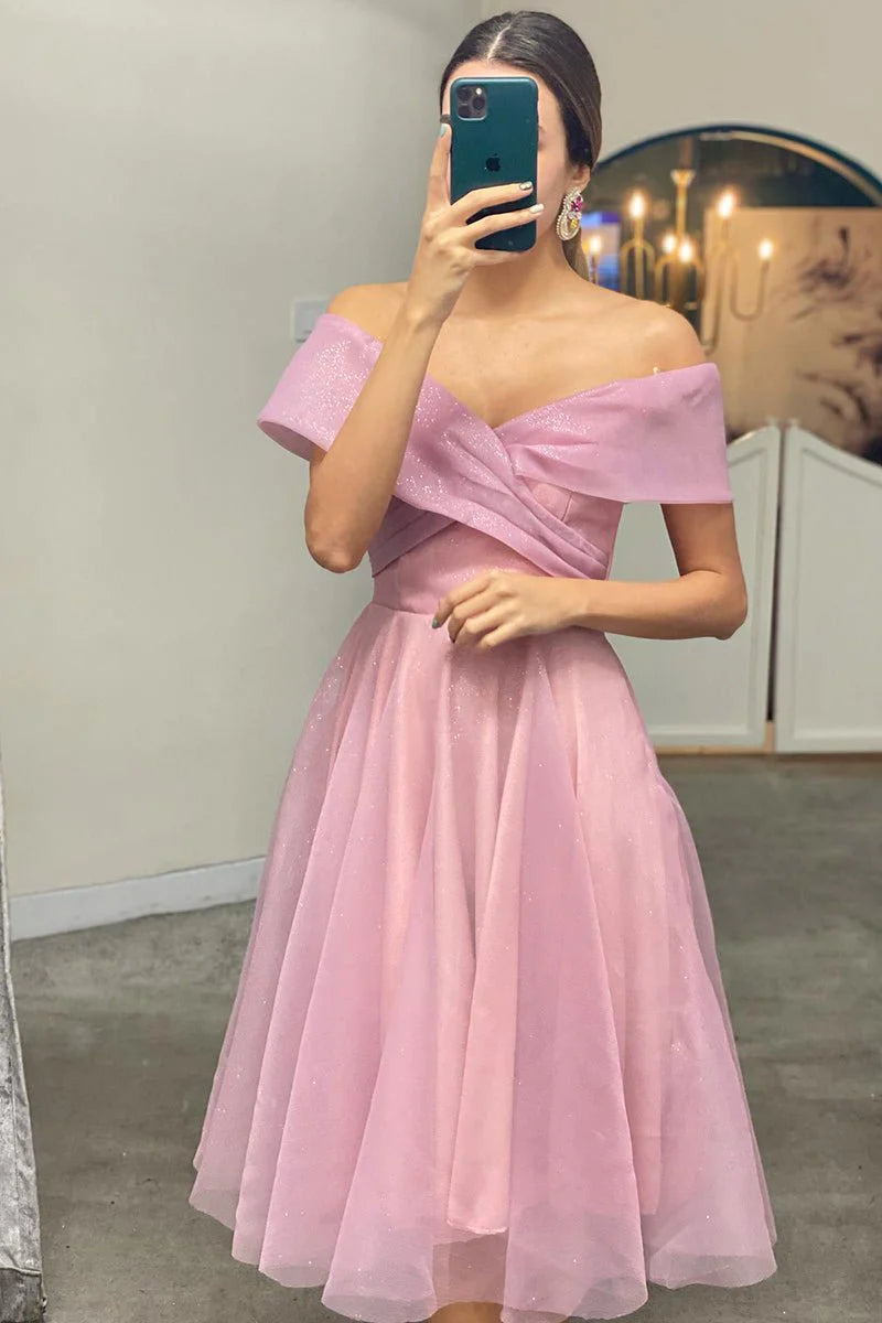 A-Line Off Shoulder Tea Length Tulle Homecoming Dress With Pleats