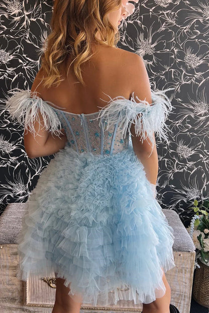 A-Line Off The Shoulder Feather Sweetheart Tiered Short/Mini Prom Homecoming Dress