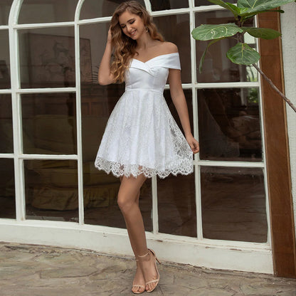 A Line Off The Shoulder Satin Lace Short Homecoming Dresses