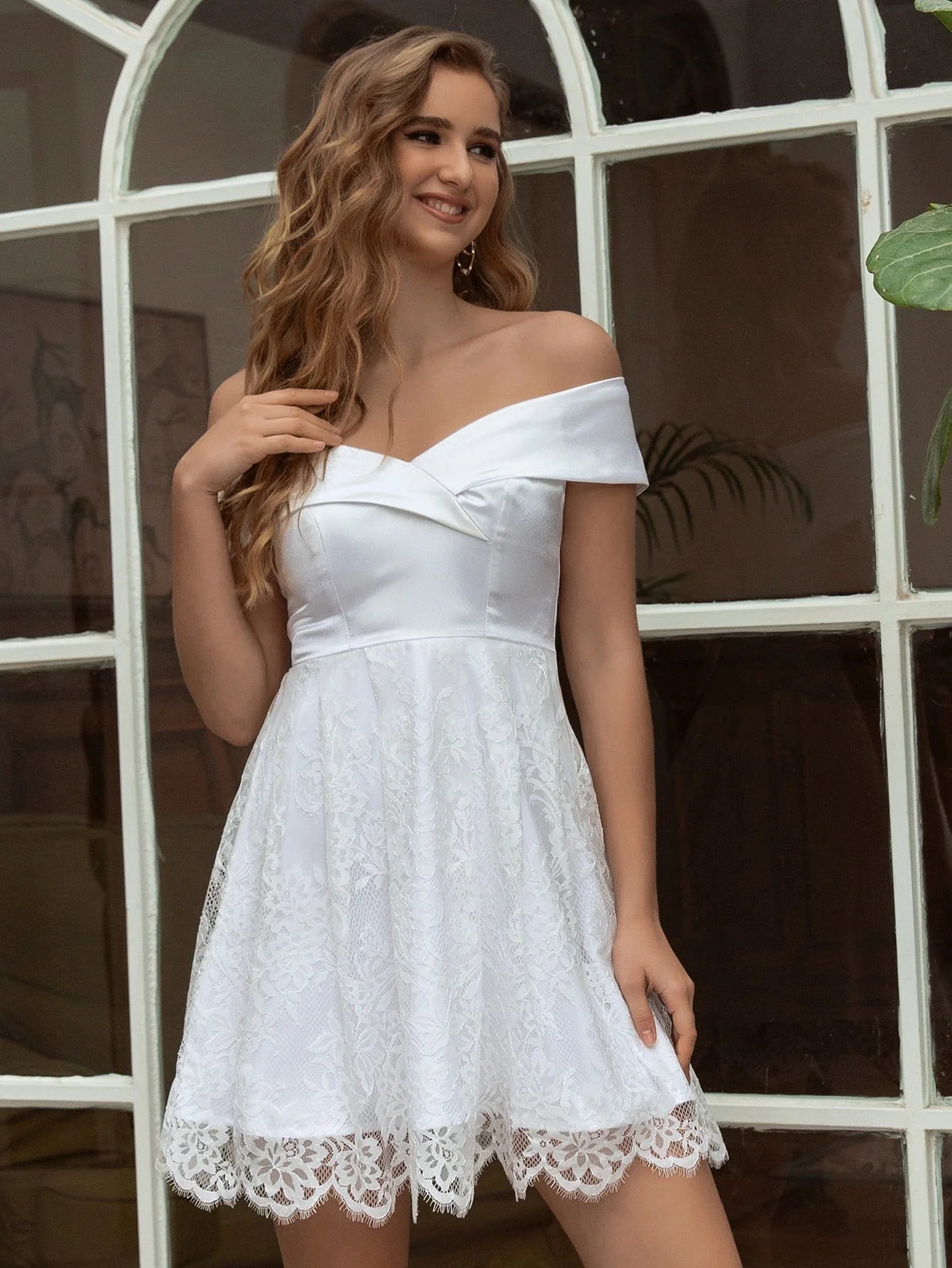 A Line Off The Shoulder Satin Lace Short Homecoming Dresses