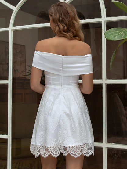 A Line Off The Shoulder Satin Lace Short Homecoming Dresses